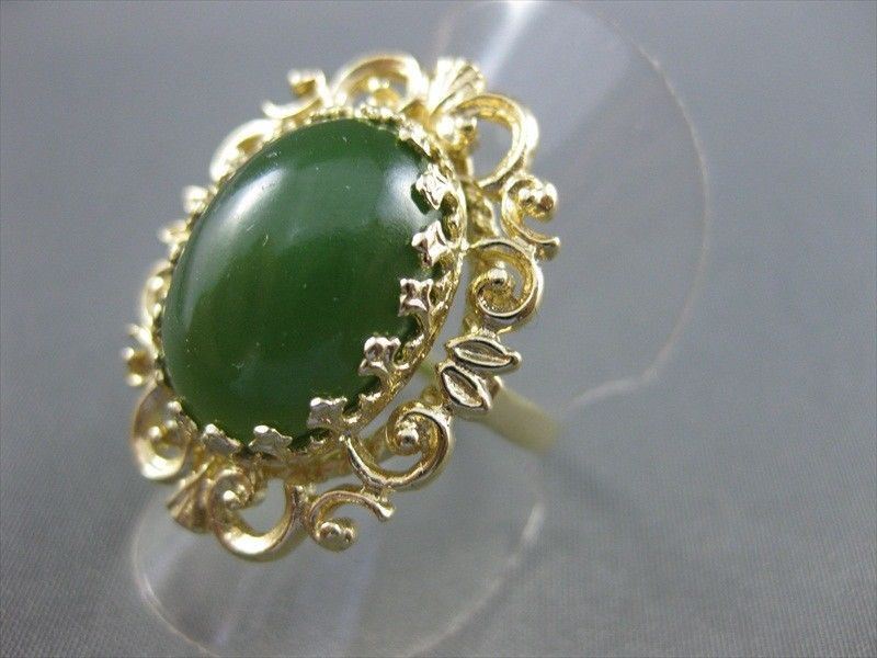 ANTIQUE LARGE NATURAL JADE 14KT YELOW GOLD FLOWER FILIGREE RING #2741