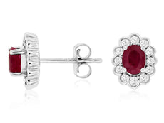 1.13CT DIAMOND & AAA RUBY 14KT WHITE GOLD 3D OVAL & ROUND FLOWER STUD EARRINGS