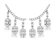 1.07CT DIAMOND 14KT WHITE GOLD ROUND & BAGUETTE CHANDELIER EAR CLIMBER EARRINGS