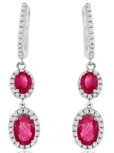 1.82CT DIAMOND & AAA RUBY 14KT WHITE GOLD 3D OVAL & ROUND DOUBLE FLOWER EARRINGS