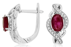 1.23CT DIAMOND & AAA RUBY 14K WHITE GOLD OVAL & ROUND LEVERBACK HANGING EARRINGS