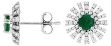 1.01CT DIAMOND & AAA EMERALD 14KT WHITE GOLD ROUND SUNBURST FLOWER STUD EARRINGS