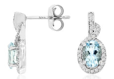 1.02CT DIAMOND & AAA AQUAMARINE 14KT WHITE GOLD 3D OVAL & ROUND HANGING EARRINGS