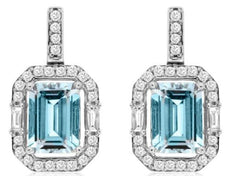 2.11CT DIAMOND & AAA AQUAMARINE 14K WHITE GOLD BAGUETTE & ROUND OCTAGON EARRINGS