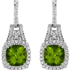 LARGE 4.80CT DIAMOND & AAA PERIDOT 14KT WHITE GOLD CUSHION & ROUND HALO EARRINGS