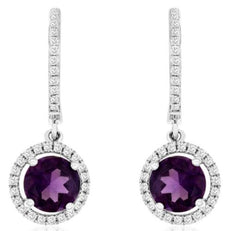 1.76CT DIAMOND & AAA AMETHYST 14K WHITE GOLD ROUND HALO CLASSIC HANGING EARRINGS