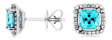 1.54CT DIAMOND & AAA BLUE TOPAZ 14KT WHITE GOLD 3D CUSHION & ROUND STUD EARRINGS