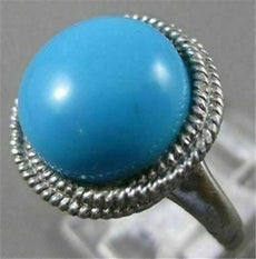ESTATE ROUND TURQUOISE SOLITAIRE 14KT WHITE GOLD FILIGREE COCKTAIL RING #20428