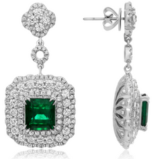 ESTATE LARGE 9.56CT DIAMOND & AAA EMERALD 18K WHITE GOLD FLOWER HANGING EARRINGS