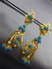 ANTIQUE AAA TURQOUISE & PEARL 22KT GOLD HANDCRAFTED LEAF HANGING EARRINGS