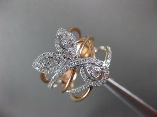 ESTATE LARGE .69CT DIAMOND 14KT WHITE & ROSE GOLD LEAF MULTI ROW FLOWER FUN RING