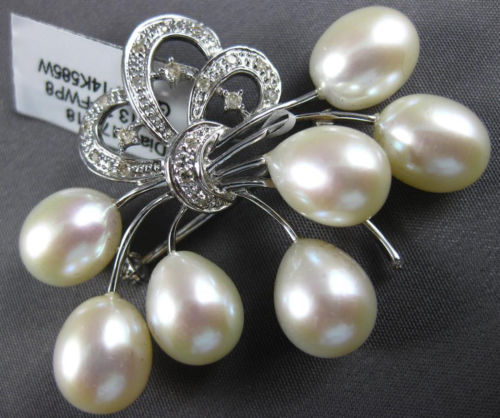 ESTATE LARGE .17CT DIAMOND & AAA PEARL 18KT WHITE GOLD FLOWER BROOCH PIN #26612