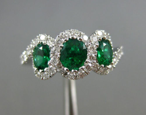 ESTATE 1.19CT DIAMOND & AAA EMERALD 18K WHITE GOLD 3D 3 STONE INFINITY LOVE RING