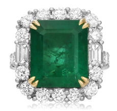 ESTATE LARGE 12.33CT DIAMOND & AAA EMERALD 18KT 2 TONE GOLD & PLATINUM HALO RING