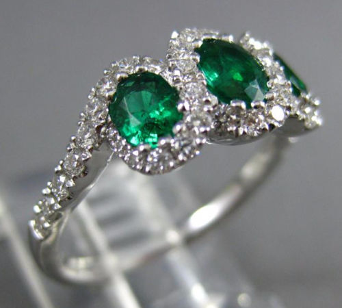 ESTATE 1.19CT DIAMOND & AAA EMERALD 18K WHITE GOLD 3D 3 STONE INFINITY LOVE RING