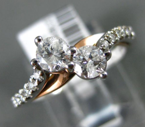 ESTATE .65CT DIAMOND 14KT WHITE & ROSE GOLD 3D TWO STONE SIDE BY SIDE LOVE  RING