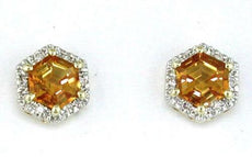 1.05CT DIAMOND & AAA CITRINE 14KT YELLOW GOLD 3D HEXAGON HALO STUD EARRINGS