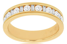 1.0CT DIAMOND 14KT YELLOW GOLD ROUND & BAGUETTE CHANNEL WEDDING ANNIVERSARY RING