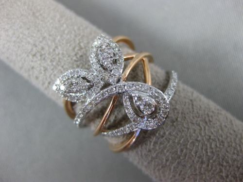 ESTATE LARGE .69CT DIAMOND 14KT WHITE & ROSE GOLD LEAF MULTI ROW FLOWER FUN RING