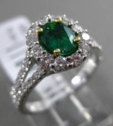 ESTATE 1.47CT DIAMOND & EMERALD 18KT WHITE GOLD 3D HALO FILIGREE ENGAGEMENT RING