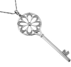 ESTATE .17CT ROUND DIAMOND 14KT WHITE GOLD 3D KEY TO YOUR HEART FLOATING PENDANT