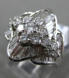 ESTATE LARGE 1.80CT ROUND & BAGUETTE DIAMOND 14K WHITE GOLD FLOWER COCKTAIL RING