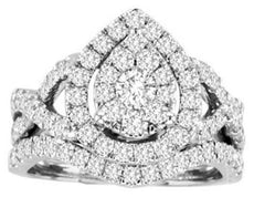 1.5CT DIAMOND 14KT WHITE GOLD ROUND PEAR SHAPE HALO CLUSTER ANNIVERSARY RING SET