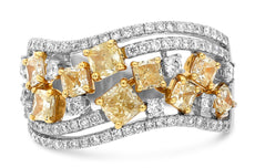 2.15CT WHITE & YELLOW DIAMOND 18K WHITE GOLD CUSHION MULTI ROW ANNIVERSARY RING