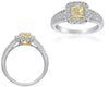 1.49CT WHITE & FANCY YELLOW DIAMOND 18KT 2 TONE GOLD CUSHION & ROUND FLORAL RING