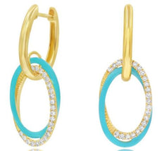 .23CT DIAMOND & GREEN ENAMEL 14KT YELLOW GOLD 3D OVAL LOVE KNOT HUGGIE EARRINGS