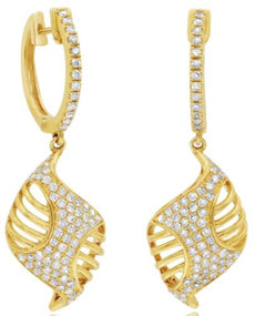 .62CT DIAMOND 14K YELLOW GOLD CRISS CROSS MULTI ROW LEAF HUGGIE HANGING EARRINGS