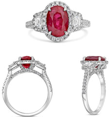 3.63CT DIAMOND & AAA RUBY PLATINUM OVAL & TRAPAZOID 3 STONE HALO ENGAGEMENT RING