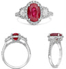 3.63CT DIAMOND & AAA RUBY PLATINUM OVAL & TRAPAZOID 3 STONE HALO ENGAGEMENT RING
