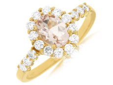 1.12CT DIAMOND & AAA MORGANITE 14KT YELLOW GOLD OVAL FLOWER FRIENDSHIP LOVE RING