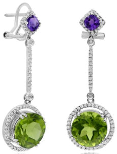 LARGE 9.51CT DIAMOND & AAA PERIDOT & AMETHYST 14K WHITE GOLD ROUND HALO EARRINGS