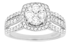 1.0CT DIAMOND 14KT WHITE GOLD 3D CLUSTER FLOWER SQUARE HALO FRIENDSHIP LOVE RING