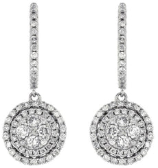 1.10CT DIAMOND 14KT WHITE GOLD ROUND CLUSTER FLOWER DOUBLE HALO HANGING EARRINGS