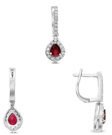1.38CT DIAMOND & AAA RUBY 18KT WHITE GOLD PEAR SHAPE & ROUND LEEVERBACK EARRINGS
