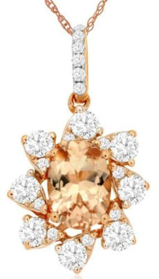 1.14CT DIAMOND & AAA MORGANITE 14KT ROSE GOLD OVAL FLOWER FUN FLOATING PENDANT