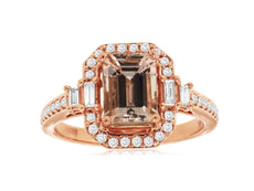 1.80CT DIAMOND & AAA MORGANITE 14K ROSE GOLD EMERALD CUT & ROUND ENGAGEMENT RING