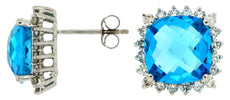 9.5CT DIAMOND & AAA BLUE TOPAZ 14KT WHITE GOLD 3D CUSHION & ROUND STUD EARRINGS