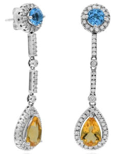 4.39CT DIAMOND & AAA MULTI GEM 14KT WHITE GOLD FLOWER TEAR DROP HANGING EARRINGS