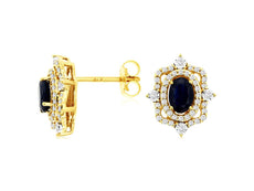 1.69CT DIAMOND & AAA SAPPHIRE 14KT YELLOW GOLD OVAL & ROUND FLOWER STUD EARRINGS