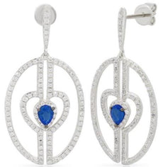 1.15CT DIAMOND & AAA SAPPHIRE 14KT WHITE GOLD DOUBLE HEART OVAL HANGING EARRINGS
