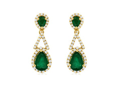 2.03CT DIAMOND & AAA EMERALD 14K YELLOW GOLD PEAR SHAPE & ROUND HANGING EARRINGS