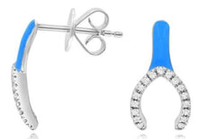 .10CT DIAMOND & BLUE ENAMEL 14K WHITE GOLD LUCKY HORSESHOE FUN HANGING EARRINGS