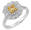 1.38CT WHITE & FANCY YELLOW DIAMOND 18KT 2 TONE GOLD 3D CUSHION ENGAGEMENT RING