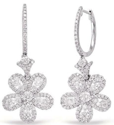 ESTATE LARGE 1.97CT DIAMOND 14KT WHITE GOLD 3D FLOWER HUGGIE HANGING EARRINGS
