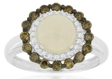 1.78CT WHITE & MOCHA DIAMOND & AAA OPAL 14K WHITE GOLD 3D ROUND FLOWER LOVE RING
