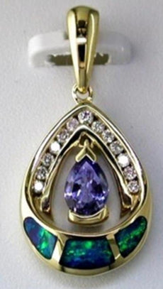 .55CT DIAMOND & AAA TANZANITE & OPAL 14KT YELLOW GOLD TEAR DROP FLOATING PENDANT